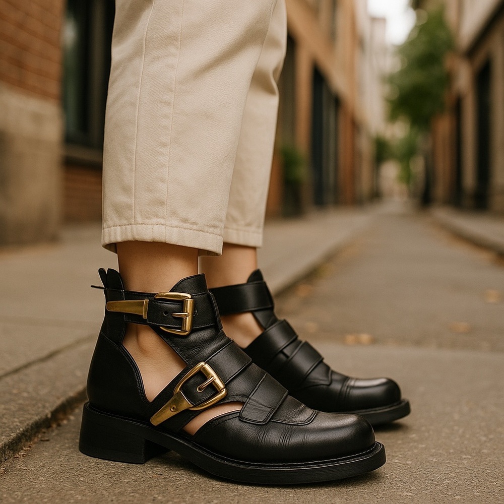 Jeffrey Campbell Black Moto Boots with Gold Buckles